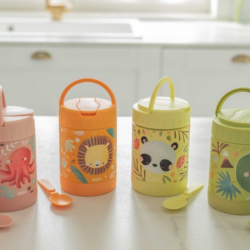 Portapranzo termico giallo per bambini decorato con leone e foglie in acciaio inossidabile, con maniglia estraibile per agevolare il trasporto
